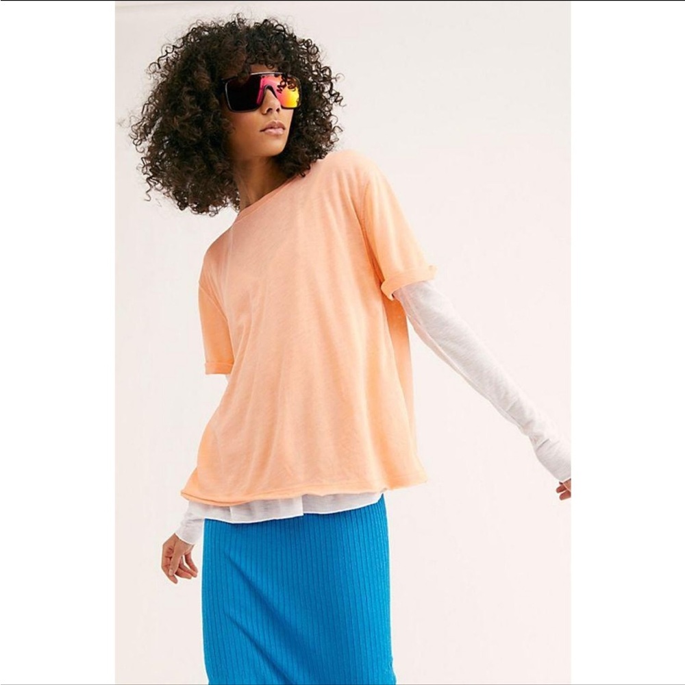 Free People We the Free Light Orange Semi Sheer Cassidy Tee Size Small EUC